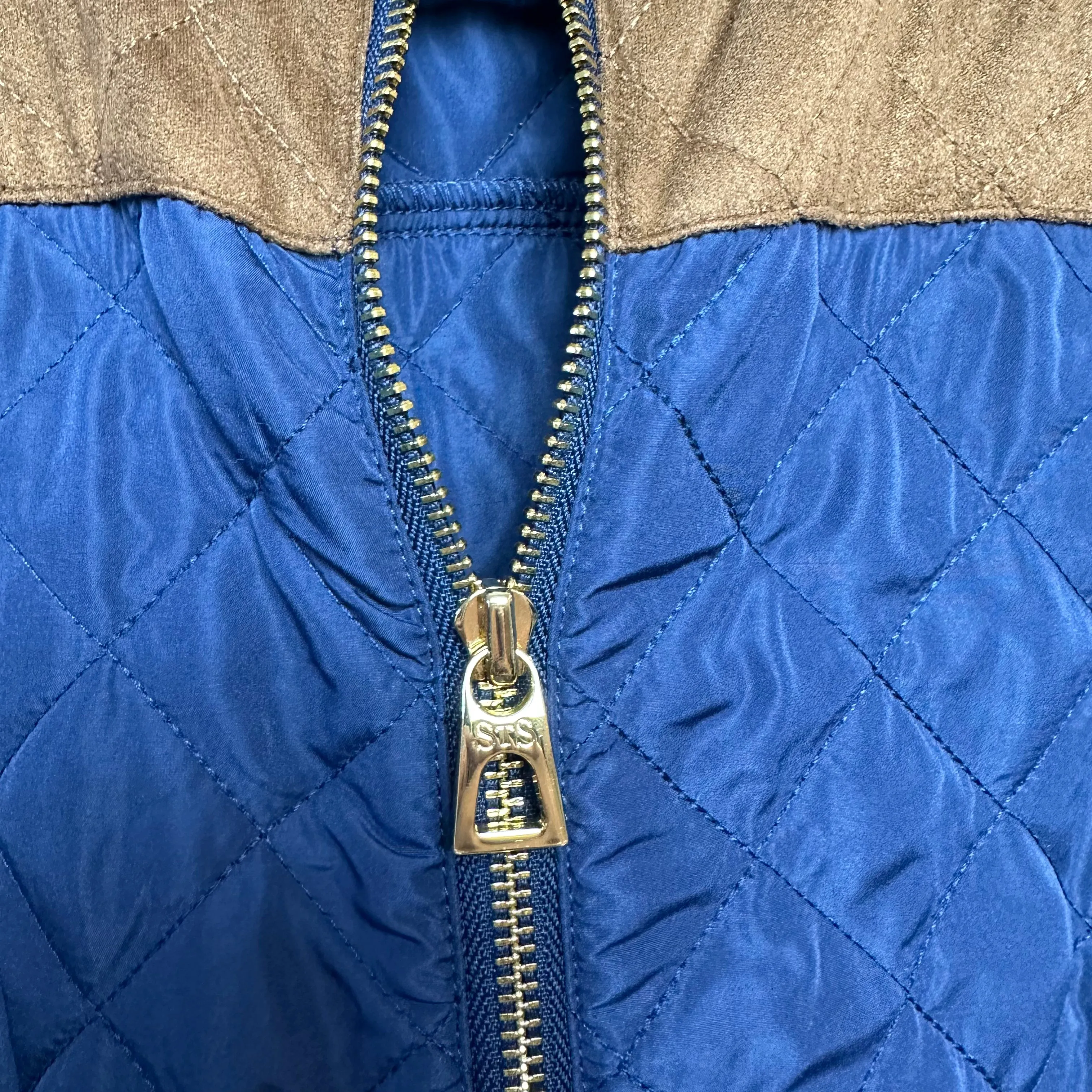 Sail to Sable Quilted Jacket Navy Blue Brown Faux Suede detail equestrian Small