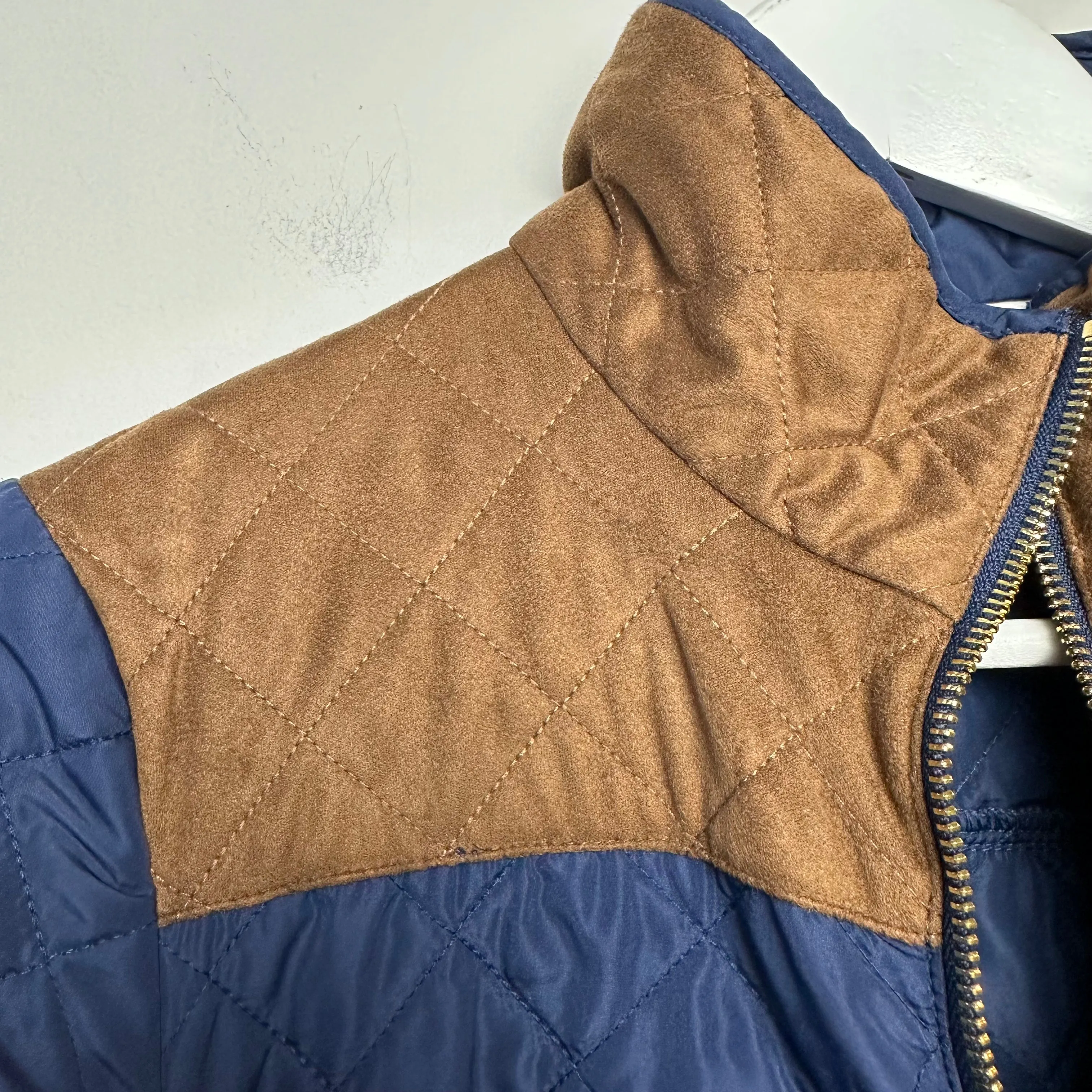 Sail to Sable Quilted Jacket Navy Blue Brown Faux Suede detail equestrian Small