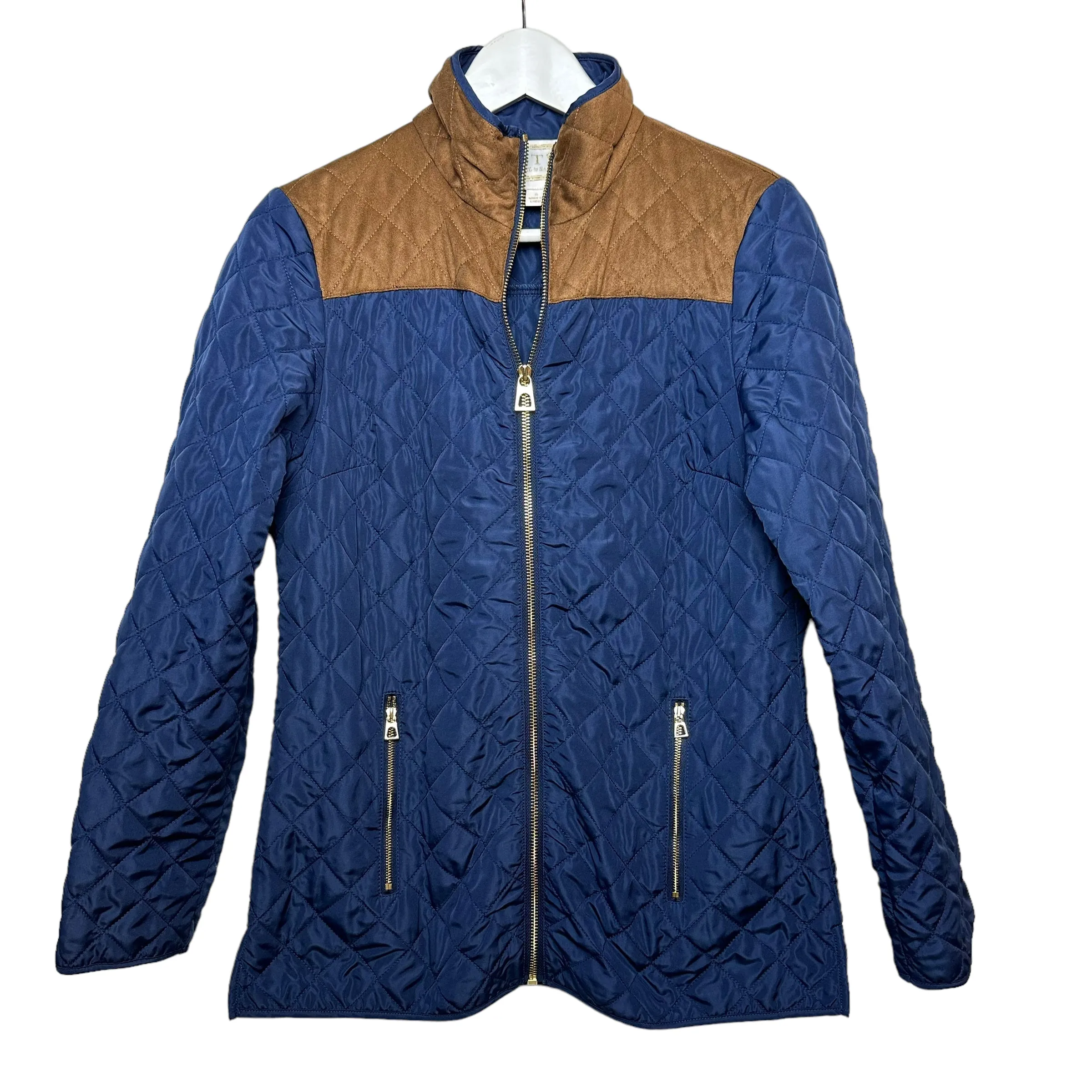 Sail to Sable Quilted Jacket Navy Blue Brown Faux Suede detail equestrian Small