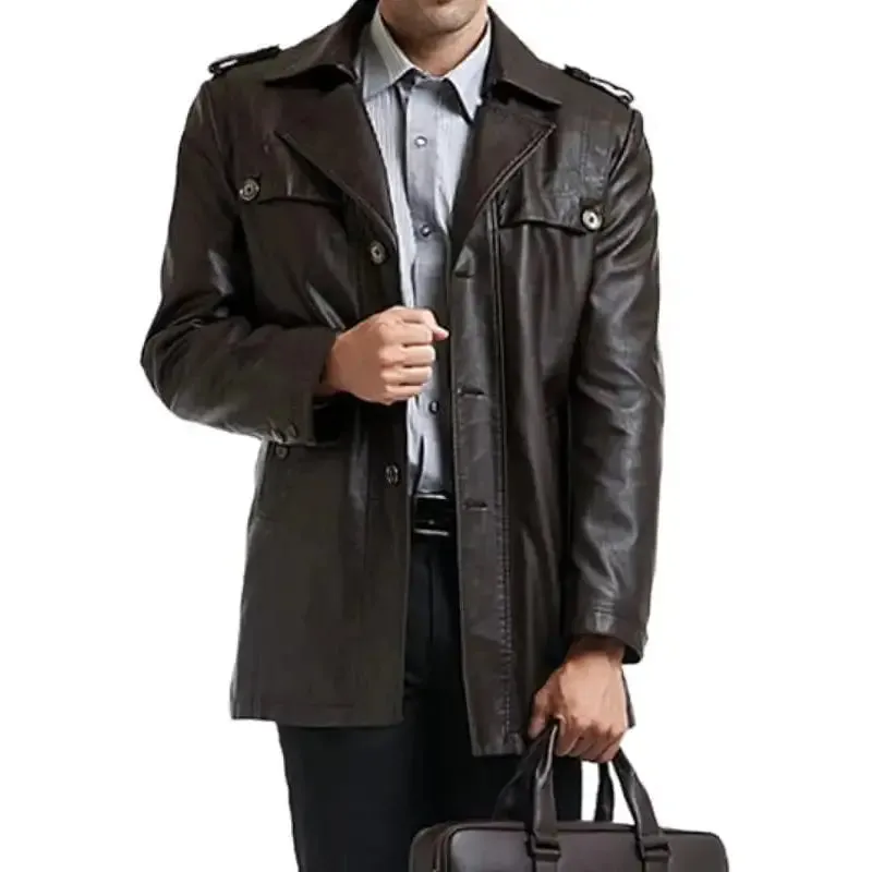 Single-Breasted Men's Black Motorcycle Leather Coat