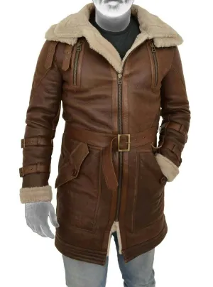 Spine Spark Men's Shearling Brown Duffle Coat Leather Jacket