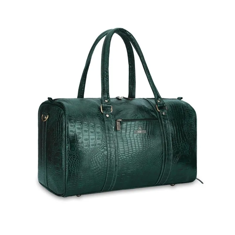 The Clownfish Meadow Series Faux Leather Crocodile Texture 26 Ltr Duffel Bag with Side Shoe Compartment (Forest Green)