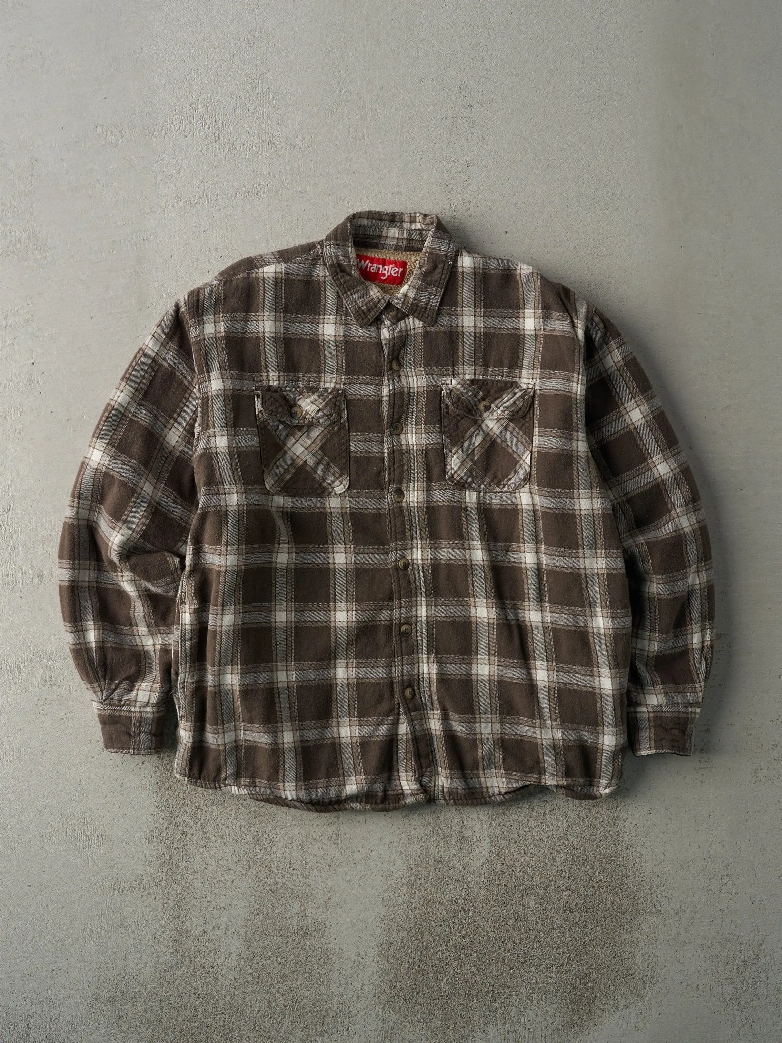 Vintage Y2K Brown Sherpa Lined Wrangler Flannel Button Up Jacket (M)