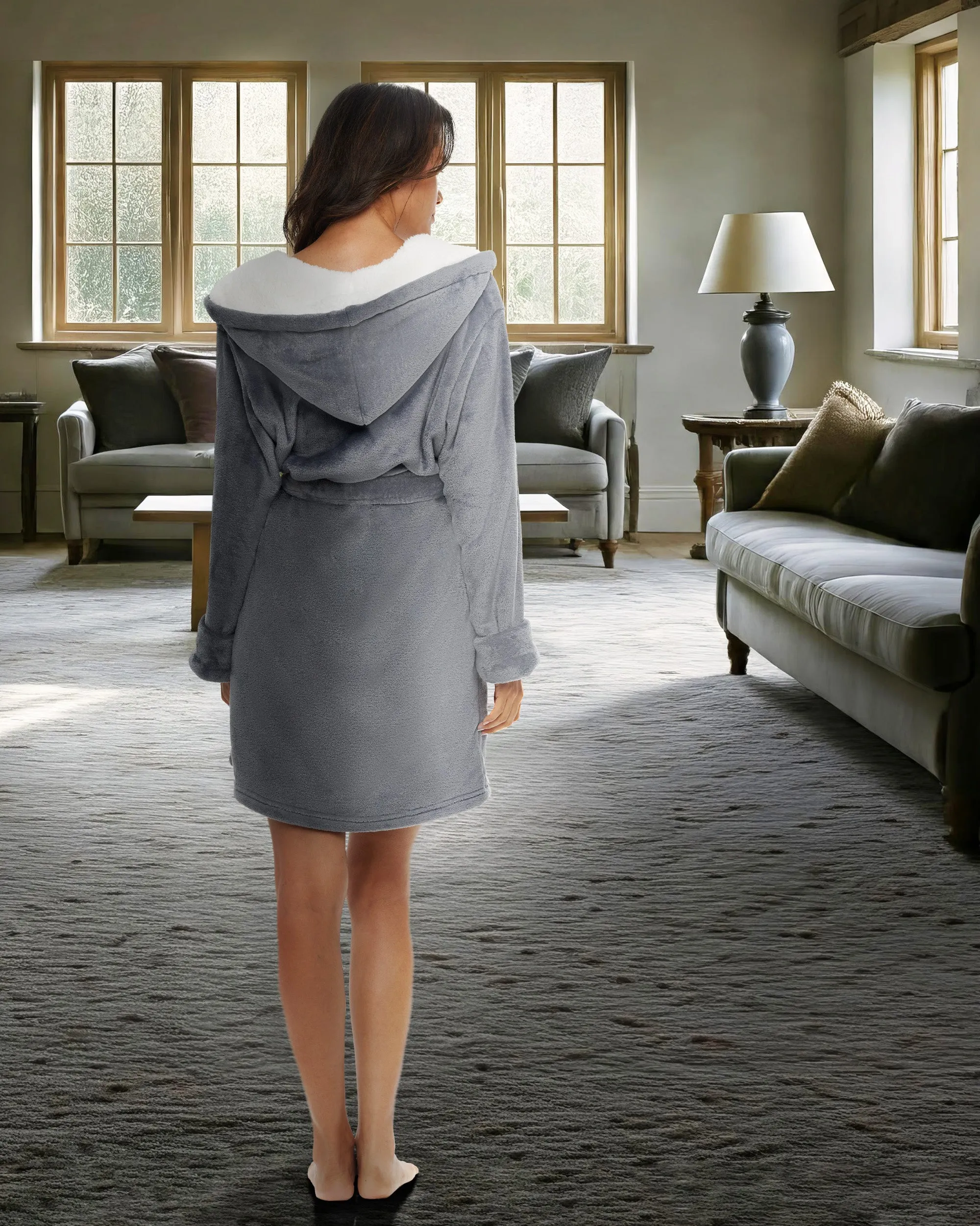 Women's Classic Plush Hooded Robe, Short Fleece Bathrobe Solids