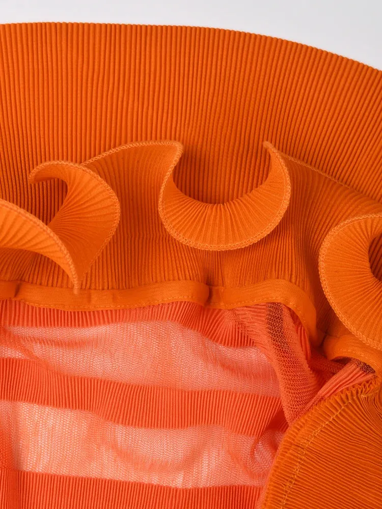 Women's Pleated Perfection - Orange Coat & Sleeveless Dress Set