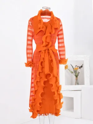 Women's Pleated Perfection - Orange Coat & Sleeveless Dress Set