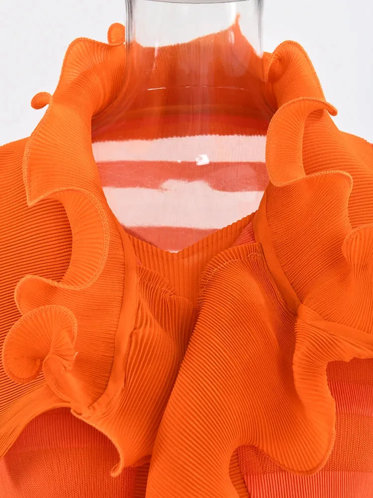 Women's Pleated Perfection - Orange Coat & Sleeveless Dress Set